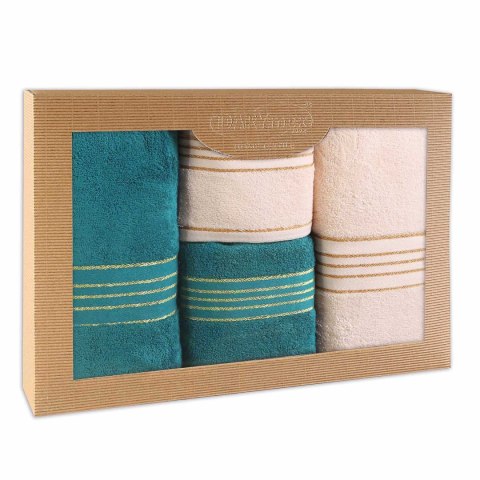 Ręcznik D Bawełna 100% Tiwano Krem + Ciemny Turkus (P) 2x50x90+2x70x140 kpl.