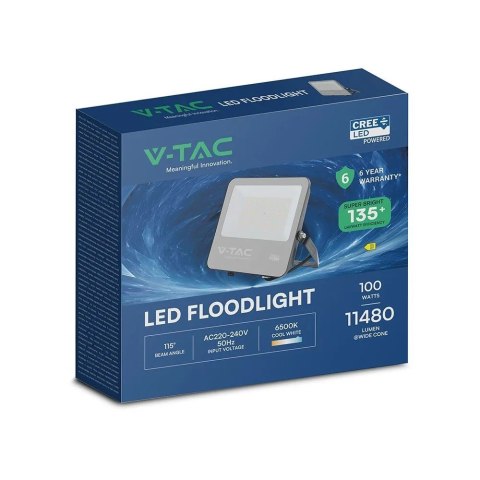 Projektor LED V-TAC CREE CHIP 100W 135lm/W czarna obudowa przewód 1m IP65 VT-44101 6500K 11480lm 6 lat gwarancji