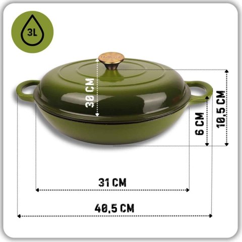 EMALIOWANY GARNEK ŻELIWNY PŁASKI 30cm 3L HAGE OLIWKOWY