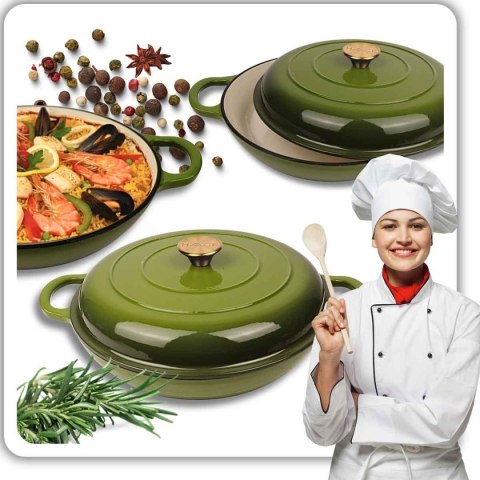 EMALIOWANY GARNEK ŻELIWNY PŁASKI 30cm 3L HAGE OLIWKOWY