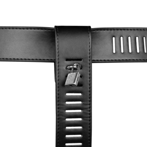 SHOTS PU Leather Female Chastity Belt with Leg Restraint - Black