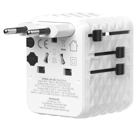 SAVIO UNIWERSALNY ADAPTER PODRÓŻNY 20W AP-08
