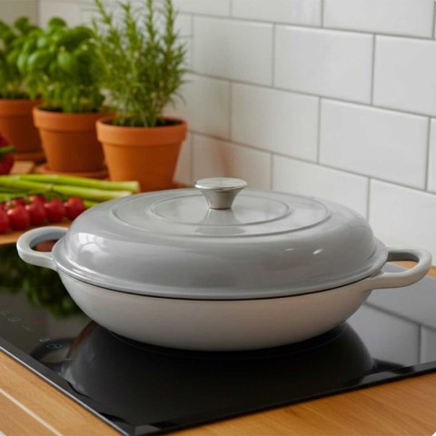 EMALIOWANY GARNEK ŻELIWNY PŁASKI 30cm 3L HAGE SZARY