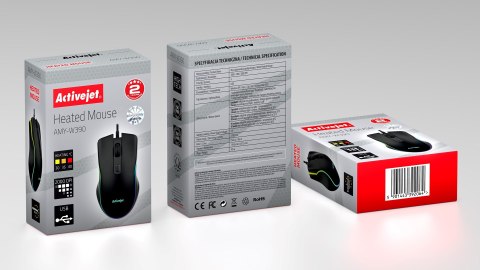 Activejet mysz przewodowa podgrzewana USB AMY-W390. Ma 3 temperatury 30 stopni podświetlenie na żółto, 35 stopni podświetlenie n